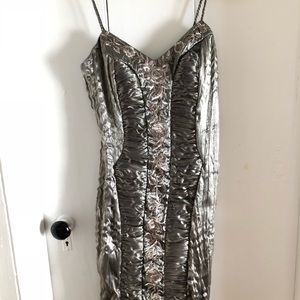 embellished olive green raw silk cocktail dress